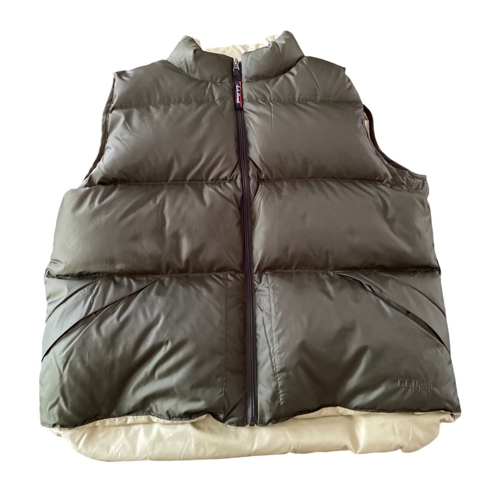 LL Bean Goose Down Puffer Vest Reversible Olive Green Cream Womens XL OVC72
